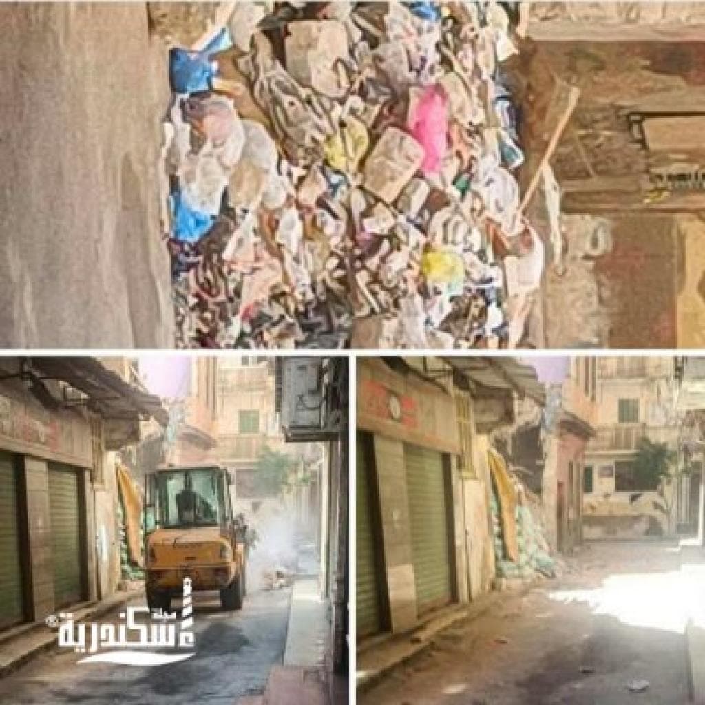 رفع 5 أطنان مخلفات وأتربة وفتح شارعي ابن أجروم والقطاعي بمحرم بك